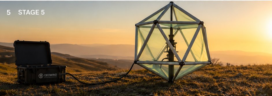GW1800 Air — Deployable Icosahedral Wind Turbine and Climate Data Node, fully deployed from a single carry case