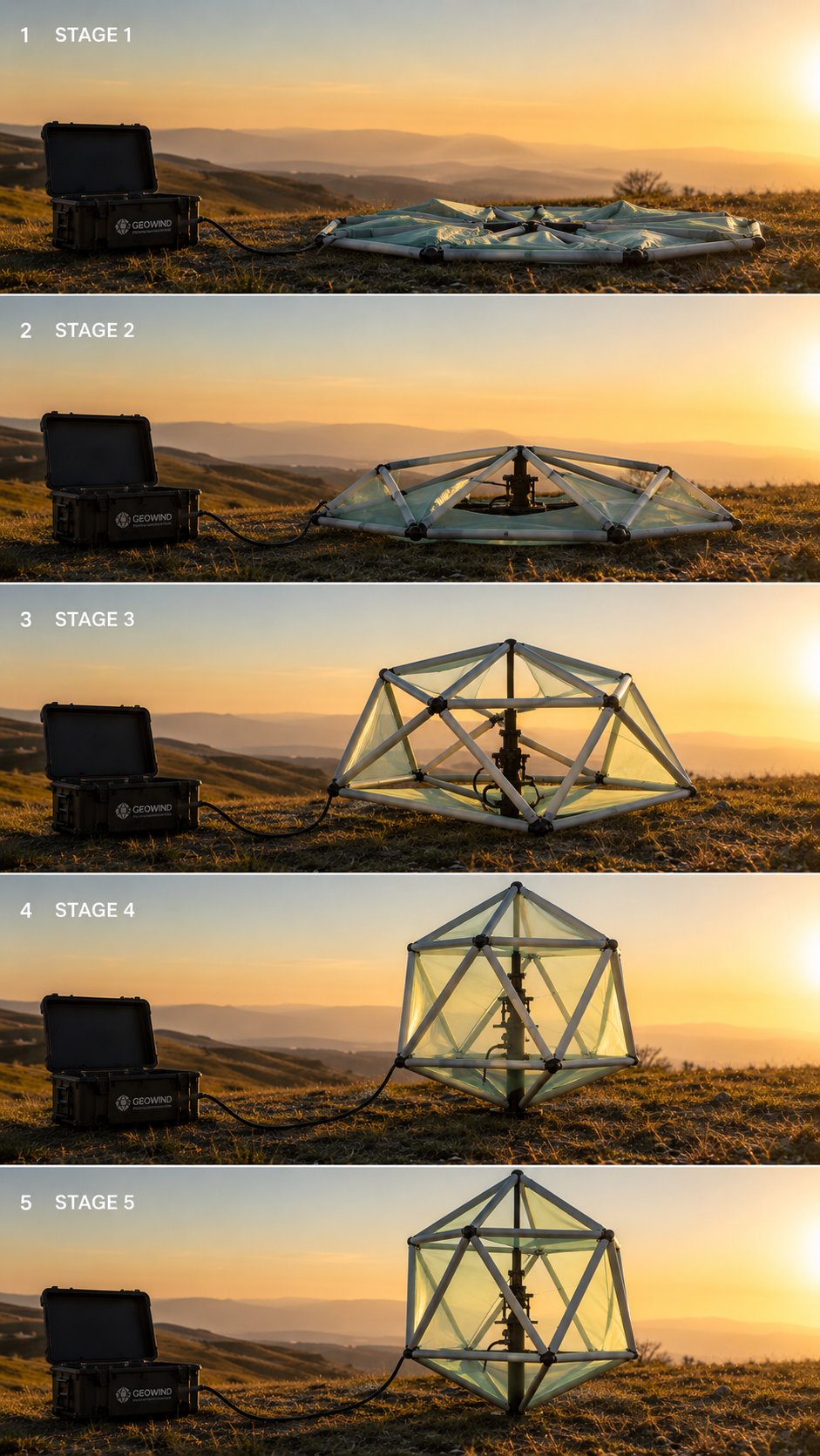 GW1800 Air deployment sequence — Stage 1 to Stage 5, from packed case to fully deployed icosahedral wind turbine and climate data node